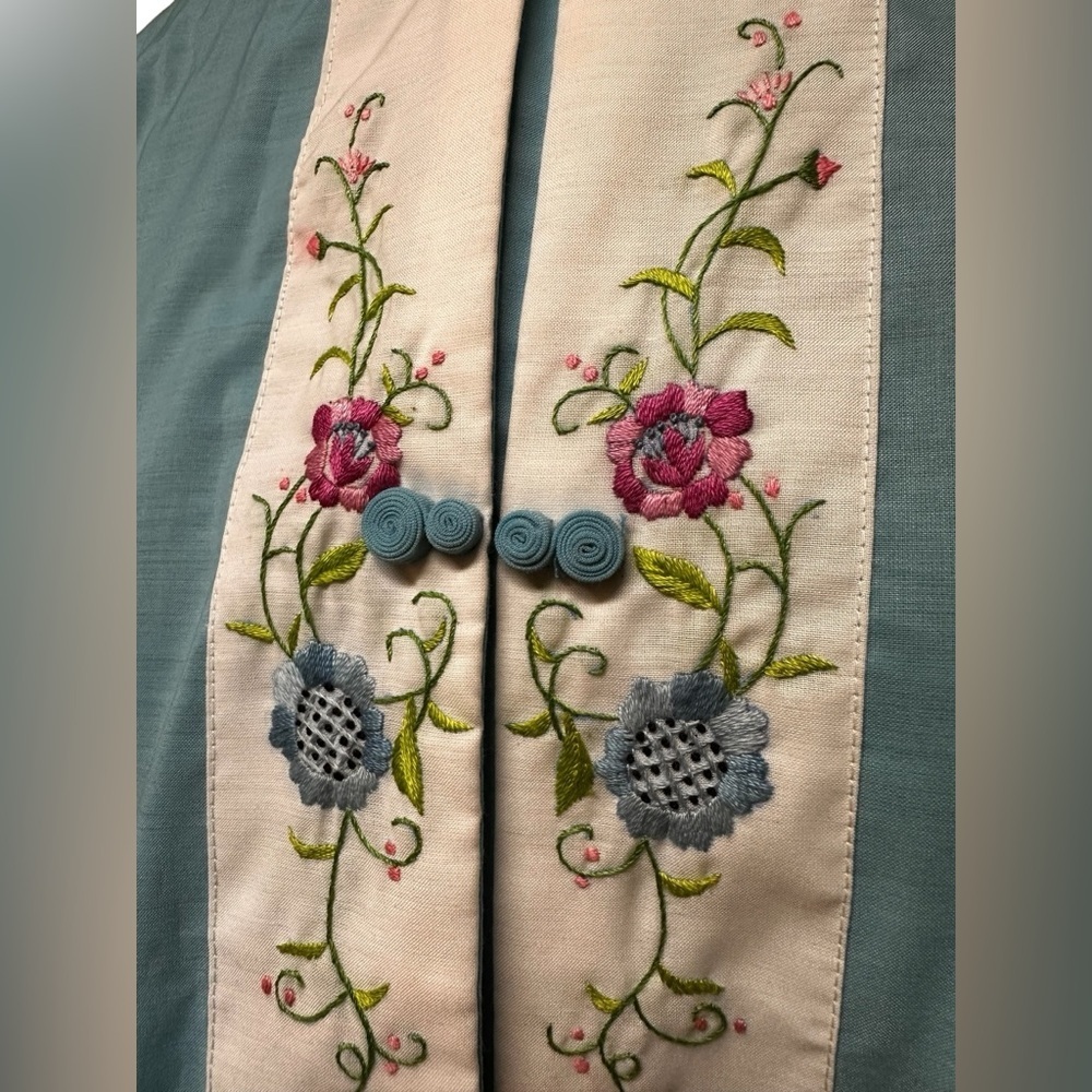 1960s Vintage Jodie Arden Kimono House Dress Embroidered Blue X-Large - Picture 4 of 10
